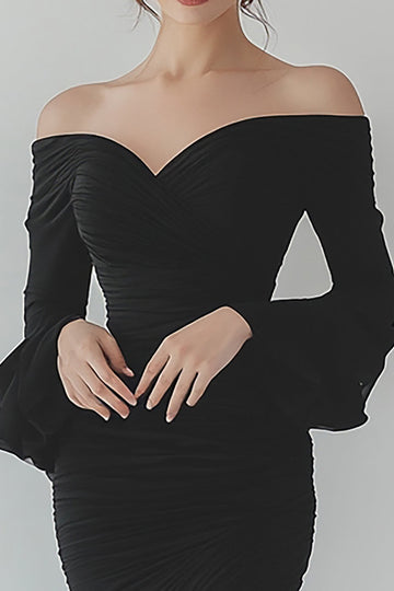 Black Chiffon Ruffled Sheath Long Sleeves Formal Dress with Slit